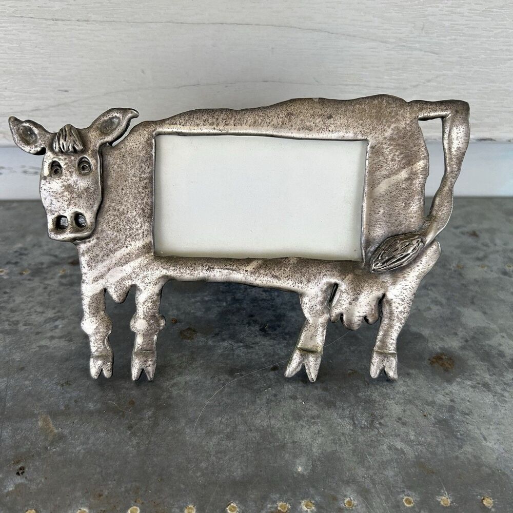 Pewter Cow Picture Frame 4.5" Tall 7" Long Holds 1.75" X 3.25" Picture Farm Deco